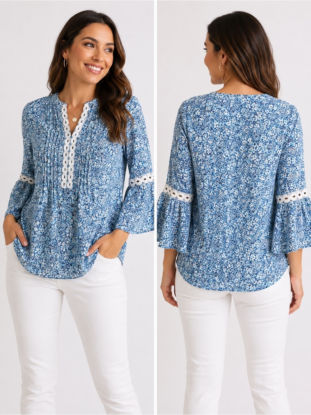 Lilly Pulitzer Blue Floral Pintuck Peasant Blouse